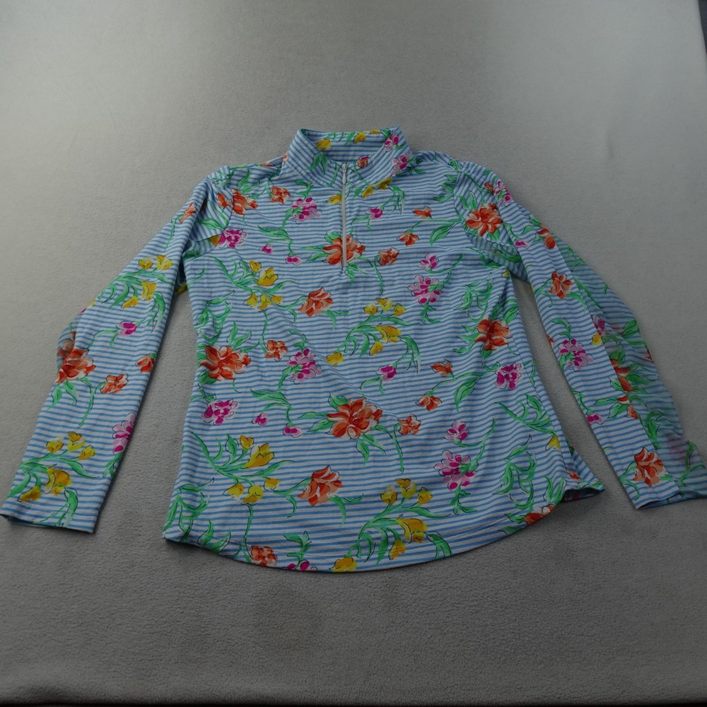 IBKUL Shirt Womens M Floral Stripe 1/4 Zip Long Sleeve Golf Sun Protection Mesh